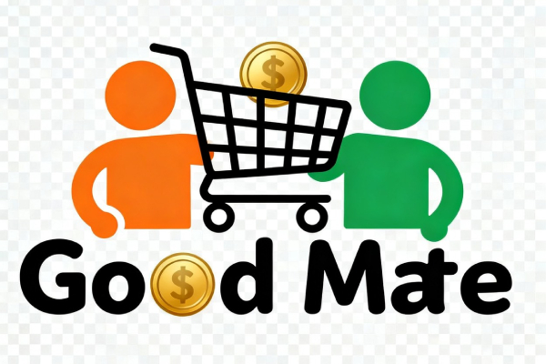 GoodMate Shop logo featuring two stylized figures, one orange and one green, holding a shopping cart with a coin above it.
