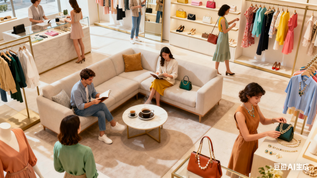 一個充滿時尚服裝和配件的商店內，顧客在休息區有的閱讀、有的挑選商品，展示了購物環境的輕鬆與愉悅氛圍。